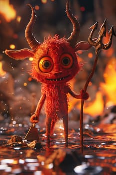A cartoon character with oversized eyes standing while holding a stick.