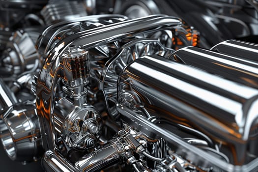 Detailed view of the modern metal engine of a motorcycle.