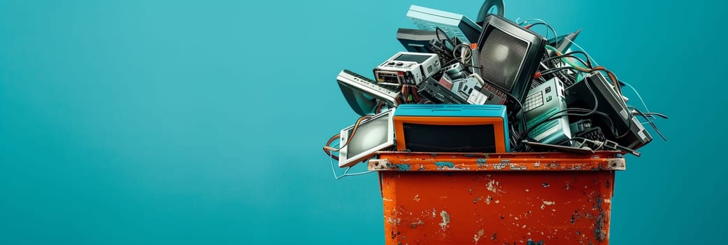 A trash can filled with various electronic gadgets such as mobile phones, laptops, and chargers is shown against a plain blue background. The cluttered devices suggest electronic waste disposal or recycling efforts.