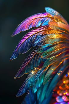 A closeup of a vibrant magenta and electric blue feather against a black background. This natural material from a wing is perfect for macro photography and can be used as a fashion accessory