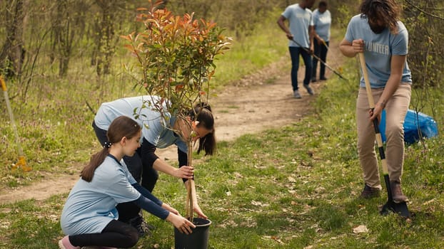 Team of volunteers growing the natural habitat in a forest, planting trees and preserving nature by taking action and fighting to save the planet. Activists doing community service. Camera A.