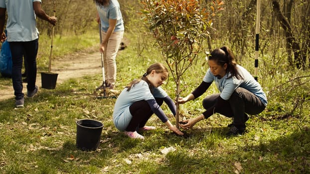 Team of environment activists digging holes and planting seeds to grow more trees and preserve the natural forest surroundings. Volunteers working on nurturing nature and ecosystem. Camera B.