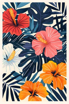 Creative arts meet botany in this vibrant poster featuring tropical flowers and plant leaves. The orange petals pop against the white rectangle background, making it a beautiful piece of textile art