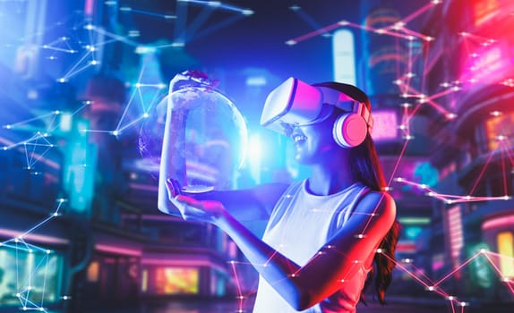 Side of female standing in cyberpunk style building of meta wear VR headset connecting metaverse, future cyberspace community technology, Woman holding 3d hologram globe with two hands. Hallucination.