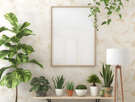 A rectangular picture frame hangs on the wall above a wooden table displaying houseplants in flowerpots. The room features a window and grass flooring