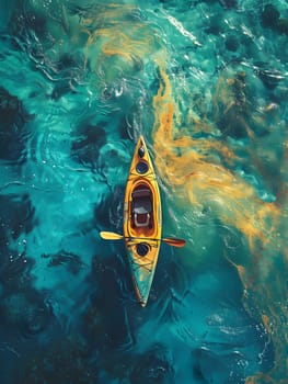 An overhead perspective of a yellow kayak floating gracefully on the tranquil ocean waters, resembling a beautiful artwork of marine recreation