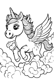 A mythical creature, a cartoon unicorn with wings, is happily flying through the clouds. Its horselike organism and tail can be seen as it gestures gracefully in the air