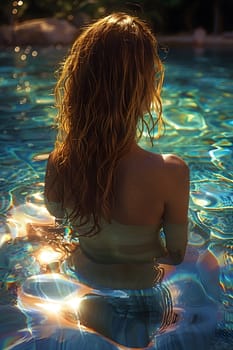 A human female is relaxing in a swimming pool, facing away from the camera, surrounded by liquid azure water under the warm sunlight