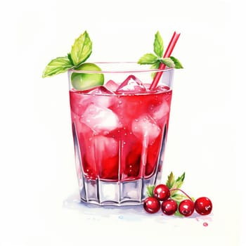Cocktail Day with Lingonberry, Ice and Mint Leaves. Hand Drawn Coctail Day with Berries Sketch on White Background.