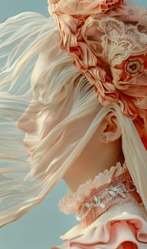 A closeup of a woman with blond hair blowing in the wind, wearing a peach dress with feather sleeve accents. An artistic fashion design with petal and fashion accessory details