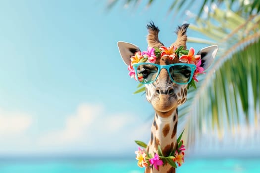 Summer background, Giraffe with hawaiian costume tropical palm and beach background.