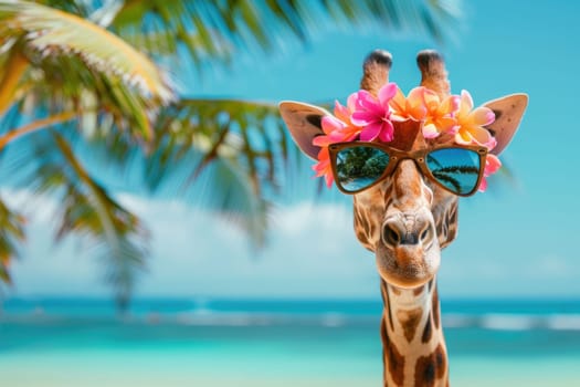 Summer background, Giraffe with hawaiian costume tropical palm and beach background.