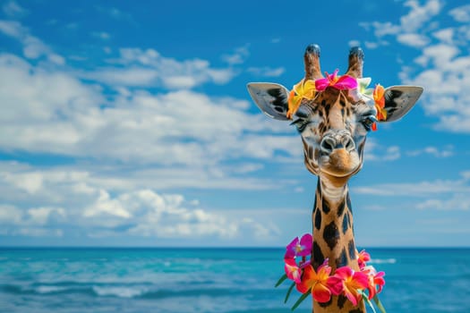 Summer background, Giraffe with hawaiian costume tropical palm and beach background.