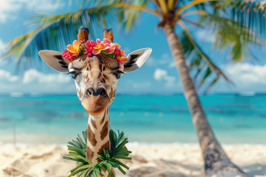 Summer background, Giraffe with hawaiian costume tropical palm and beach background.