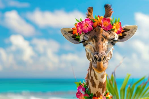 Summer background, Giraffe with hawaiian costume tropical palm and beach background.