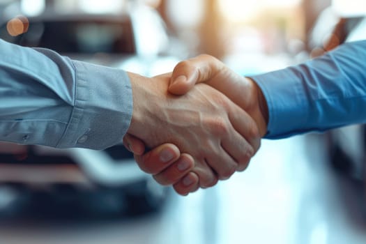 Close up of a professional handshake at a car dealership with cars in background.