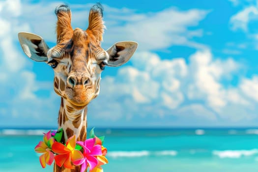 Summer background, Giraffe with hawaiian costume tropical palm and beach background.