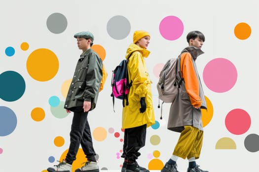 Men wearing modern rainy season fashion clothes On a minimalist background, shapes are colorful