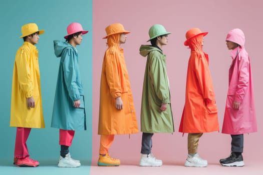 Men wearing modern rainy season fashion clothes On a minimalist background, shapes are colorful