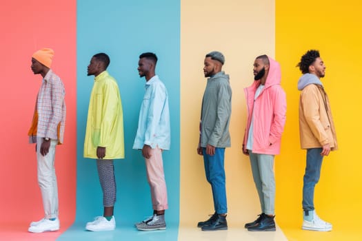 Men wearing modern rainy season fashion clothes On a minimalist background, shapes are colorful