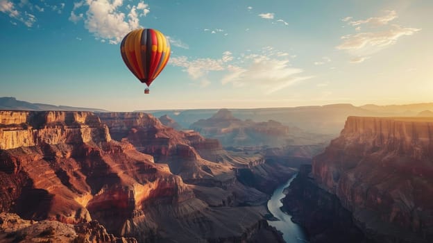 Hot air balloon floating over Grand Canyon with copy space area