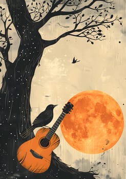 A yellow guitar accessory is leaning against a tree under a full moon. The string instrument is made of wood and paint