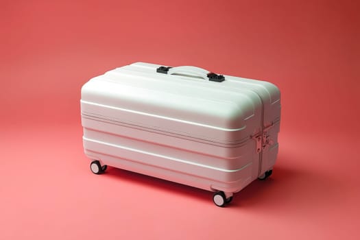 A white suitcase with wheels sits on a red background. The suitcase is open and has a black handle. Generative AI