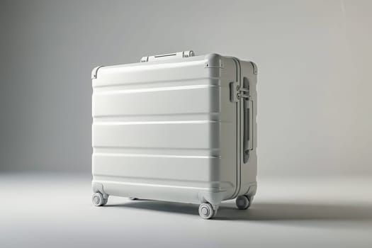 A white suitcase with wheels sits on a white background. The suitcase is rectangular and has a silver handle. Generative AI