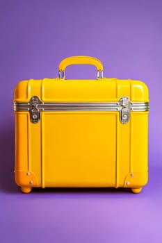 A yellow suitcase with a silver handle sits on a purple background. The suitcase is open and ready to be packed. Generative AI