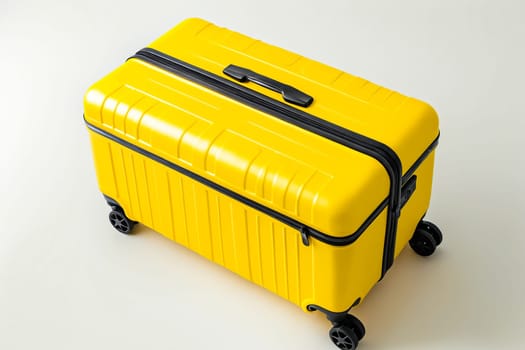 A yellow suitcase with black wheels sits on a white background. The suitcase is open and has a black handle. Generative AI