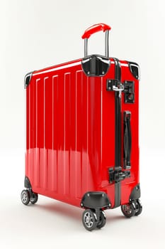 A red suitcase with a red handle and black wheels. The suitcase is sitting on a white background. Generative AI