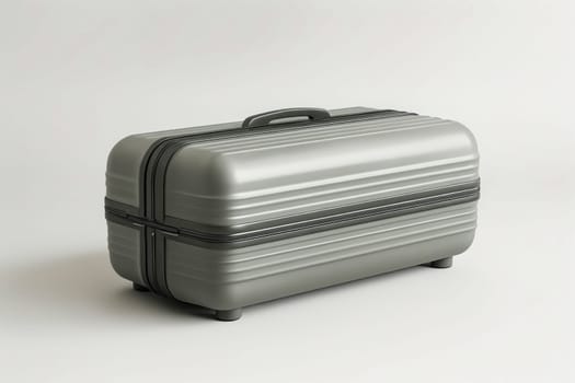 A grey suitcase with a black handle sits on a white background. The suitcase is open and has a zipper on the side. Generative AI