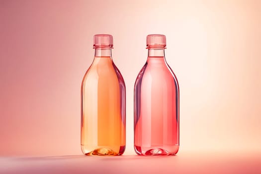 Two bottles of pink liquid are on a table. The bottles are identical in shape and size, and they are both clear. The pink liquid inside the bottles is likely a beverage. Generative AI