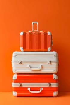 Three suitcases stacked on top of each other, one of which is orange. The scene is set against a bright orange background. Generative AI