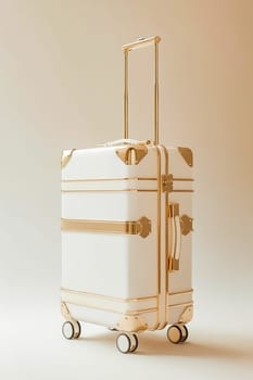 A white suitcase with gold accents sits on a white background. The suitcase is made of leather and has gold hardware. Concept of luxury and sophistication. Generative AI