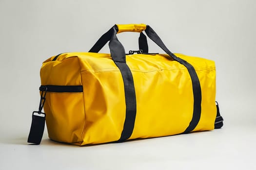 A yellow duffle bag with black straps. The bag is sitting on a white background. Generative AI