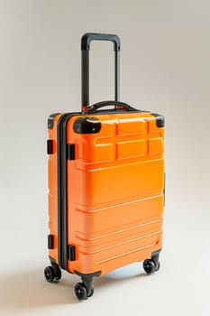 A bright orange suitcase with wheels sits on a white background. The suitcase is open and ready to be packed. Generative AI