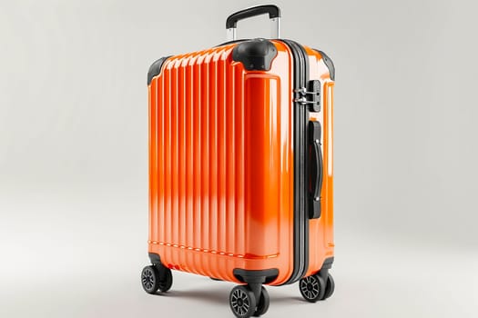 A bright orange suitcase with wheels sits on a white background. The suitcase is made of a shiny material and has a black handle. The bright color of the suitcase gives off a cheerful. Generative AI
