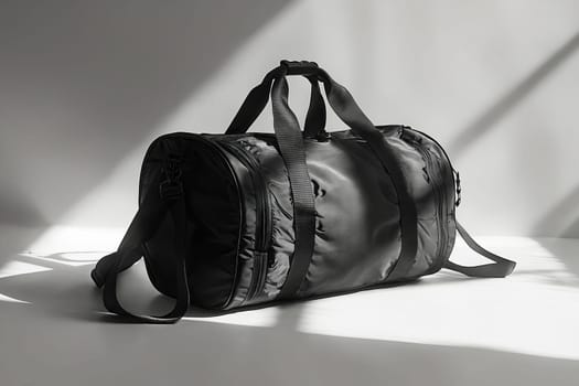 A black duffle bag sits on a white surface. The bag is large and has a black strap. Concept of travel and adventure, as the bag is likely used for carrying belongings during a trip. Generative AI