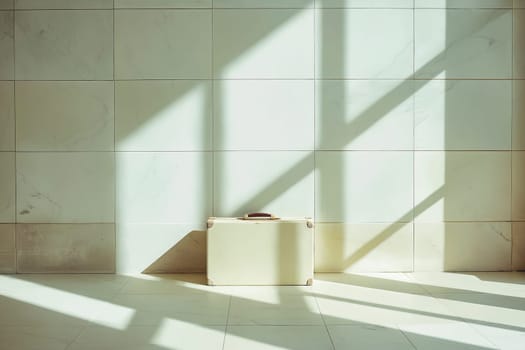 A white suitcase sits in the middle of a white room with a large window. The room is empty and the suitcase is the only object in the scene. Generative AI