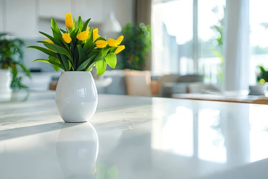 A vase of yellow flowers sits on a white countertop. The scene is bright and cheerful, with the flowers adding a pop of color to the otherwise plain white countertop. Generative AI