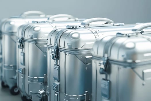 A row of silver suitcases are lined up next to each other. The suitcases are all the same color and have the same design. Concept of uniformity and organization. Generative AI