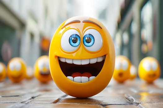 A yellow smiley face is surrounded by other yellow smiley faces. Scene is cheerful and lighthearted. Generative AI