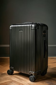 A black suitcase with silver stripes sits on a wooden floor. The suitcase is made of metal and has wheels for easy transportation. Generative AI