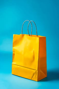A yellow shopping bag is sitting on a blue background. The bag is slightly torn and has a yellow handle. Concept of nostalgia and simplicity, as shopping bags are often associated with everyday life. Generative AI