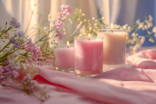 A table with three candles and flowers. The candles are pink and white. Generative AI