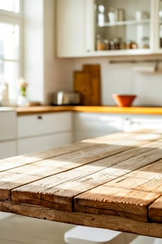 A wooden table with a window in the background. The table is empty and the kitchen is clean. Generative AI