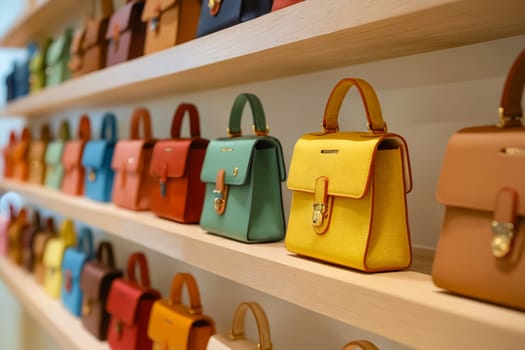 A row of small purses are displayed on a shelf, with one of them being yellow. The purses are of various colors and sizes, and they are arranged in a neat and organized manner. Generative AI