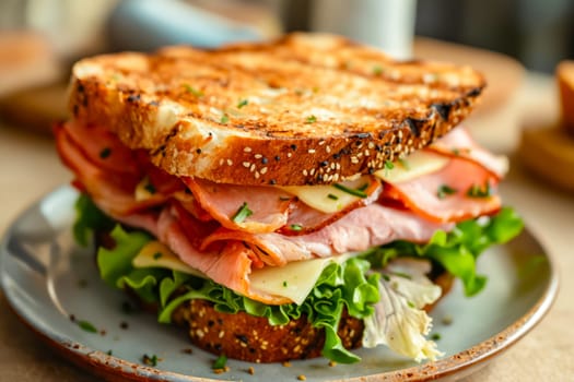 A sandwich with ham and lettuce on a plate. The sandwich is toasted and has a crunchy texture. Generative AI