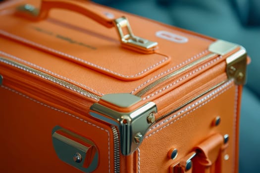 A gold and orange suitcase with a gold zipper pull. The suitcase is sitting on a couch. Generative AI